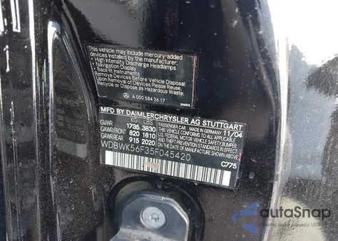 2005 Mercedes-Benz Slk 350 from USA, damaged, VIN WDBWK56F35F045420